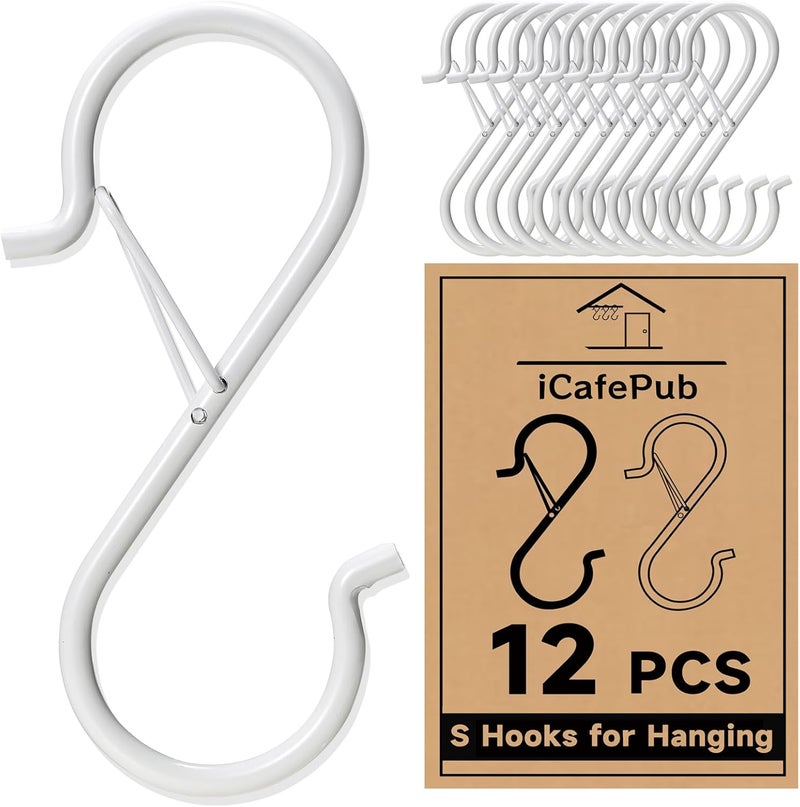 iCafePub 12 PCS S Hooks for Hanging with Safety Buckle, 3.5 inch Heavy Duty Metal S Shaped Hooks Stainless Steel for Hanging Kitchen Utensil, Cups, Pots, Plants, Bags, Hats (White) - Image 1